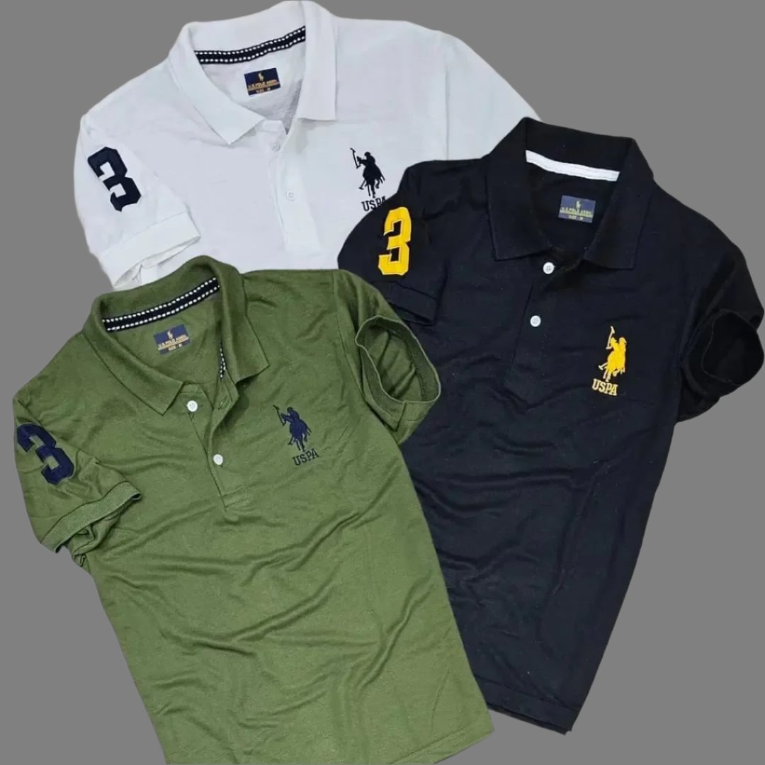 Solid Polo Matty Elegance in 3 Colors T-Shirts  Pack of 3 for Mens
Size:M, L, XL, XXL available in 4 sizes
Color: Unique combination of 3 colors hence Multicoloured
Fabric:Premium Cotton Blend with nice texure
Durability:Long durability with light weight and sturdy
 Type:Polos unique brand
 Style:Solid , it's solidness indicate longuity
 Design Type:Polos T-Shirt
 Sleeve Length:Short Sleeves suits to the shoulders of strong men.
Experience ultimate comfort and style with our Soli